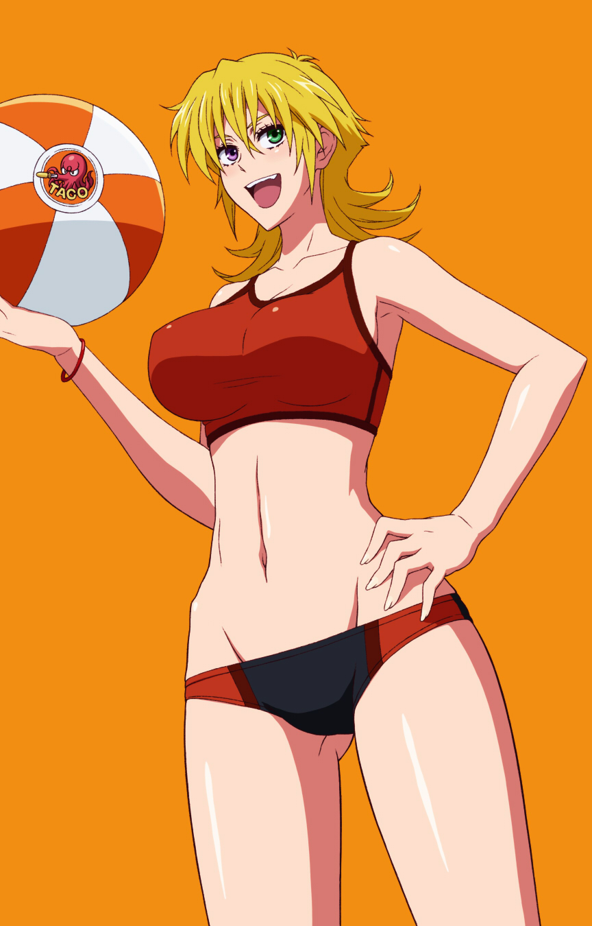 1girl, :d, ball, beachball, blonde_hair, breasts, green_eyes, hand_on_hip, heterochromia, highres, katina_tarask, meshina_isshin, navel, octopus, open_mouth, orange_background, simple_background, smile, solo, sportswear, super_robot_wars, super_robot_wars_original_generation, violet_eyes