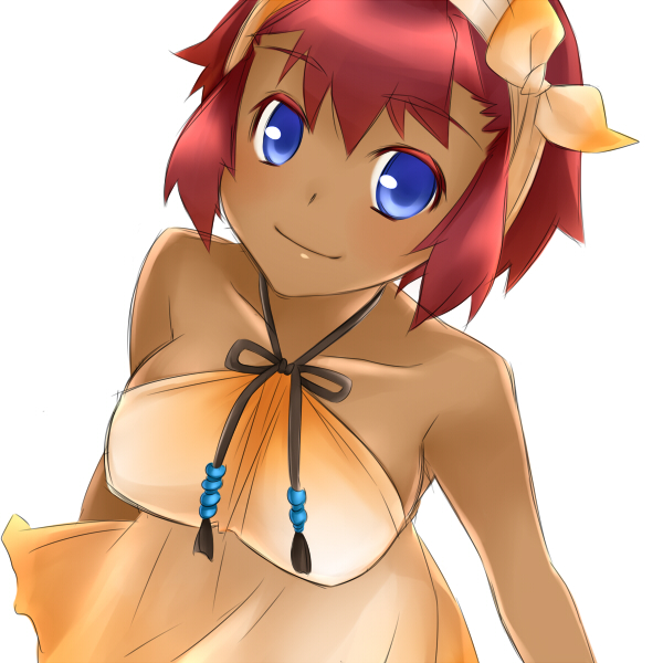 1girl, bare_shoulders, blue_eyes, breasts, collarbone, dark_skin, dress, hairband