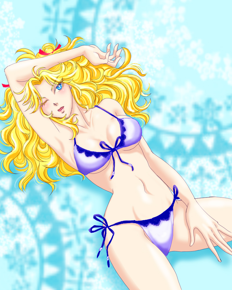 1girl, arm_on_head, bikini, blonde_hair, blue_eyes, bow, breasts, cleavage