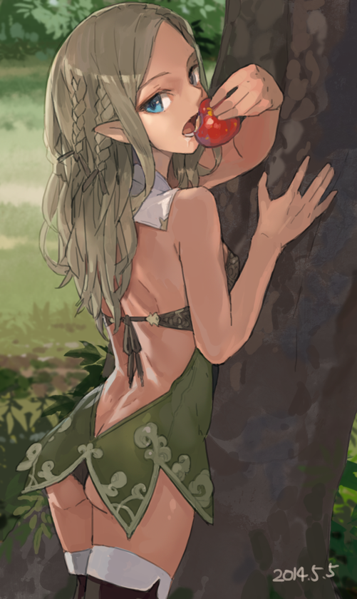 1girl, against_tree, apple, ass, back, bangs, black_legwear, black_panties
