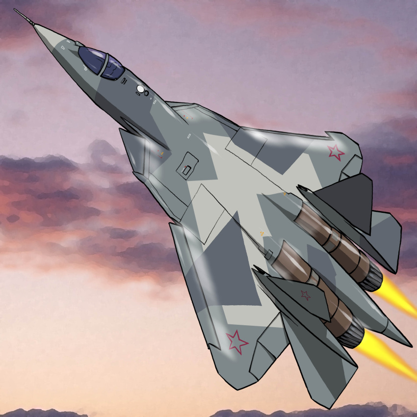 absurdres, airplane, fighter_jet, flying, highres, hirodango, jet, military, no_humans, original, pak_fa, sky