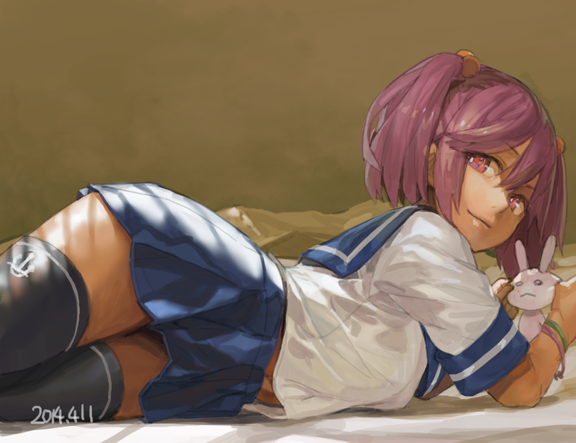 1girl, black_legwear, hair_between_eyes, kantai_collection, lying, navel, on_stomach, pink_eyes