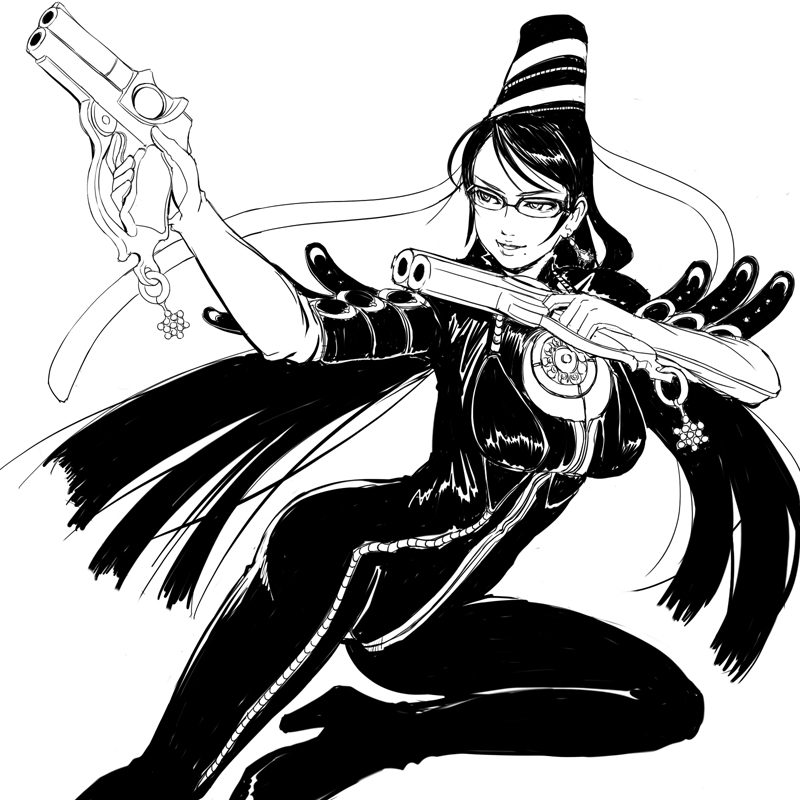 bayonetta_(character), black_hair, bodysuit, breasts, cleavage, glasses, gloves, gun
