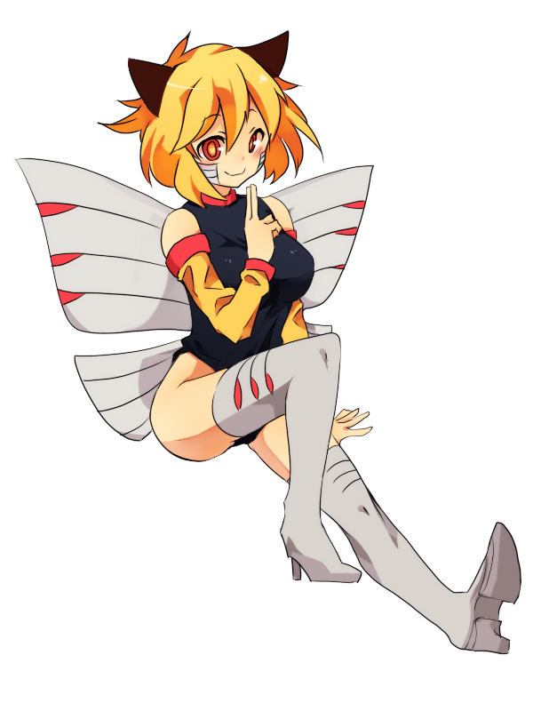 animal_ears, blonde_hair, boots, breasts, detached_sleeves, facial_mark, high_heels, ninjask, personification, pokemon, pokemon_(game), rdim6gr8, red_eyes, short_hair, thigh-highs, thigh_boots, wings