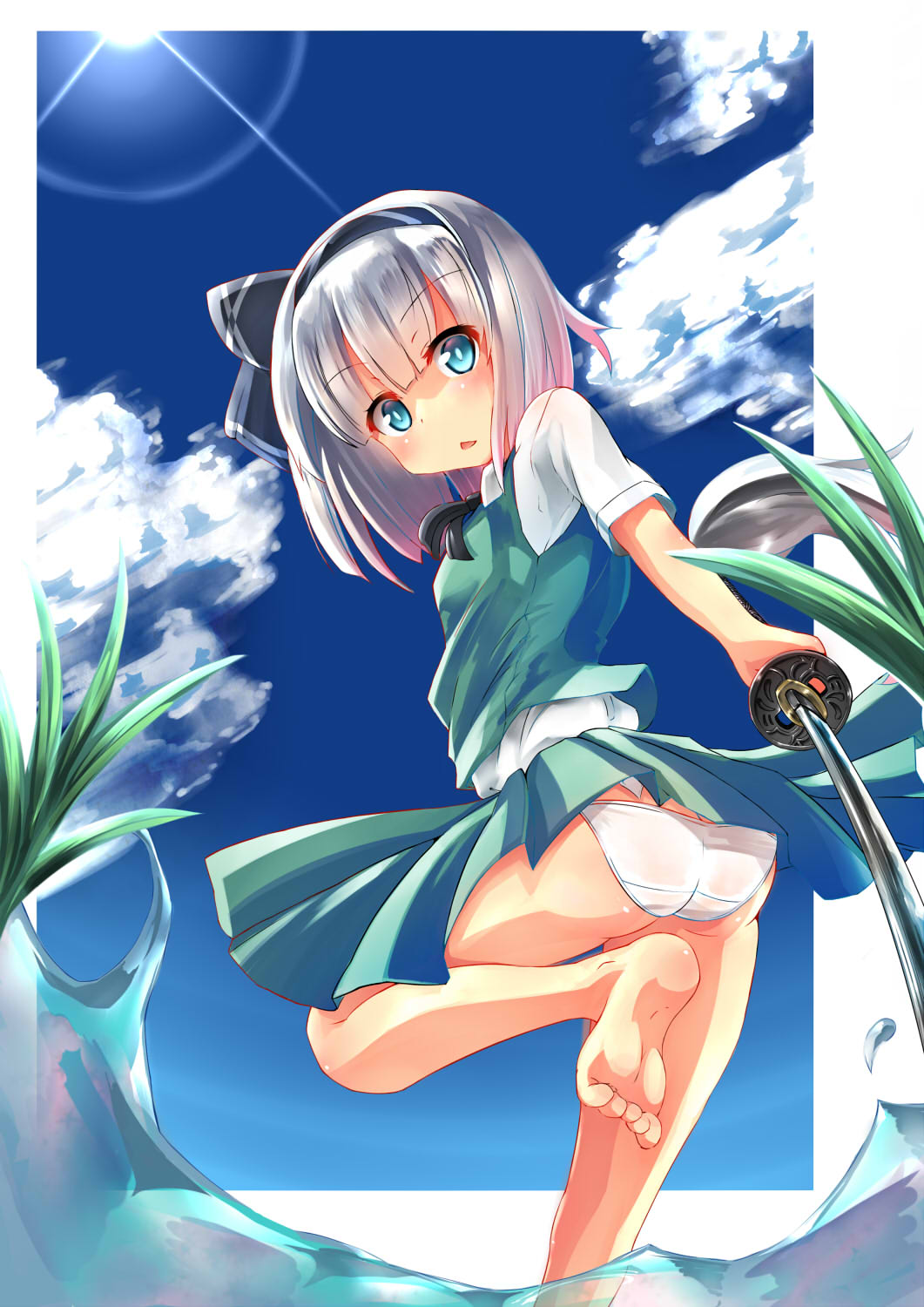 1girl, aqua_eyes, ass, barefoot, blue_sky, bow, clouds, hair_bow