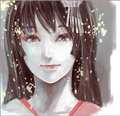 1girl, black_hair, face, hair_ornament, japanese_clothes, kanzashi, lipstick, long_hair, lowres, makeup, nas_(nas-rin), original, smile, solo