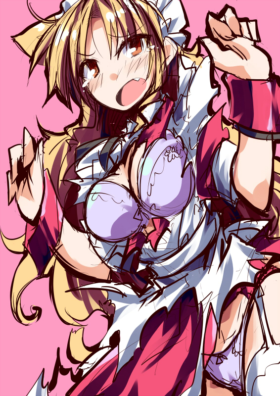 1girl, blonde_hair, blush, breast_hold, hemogurobin_a1c, long_hair, maid, maid_headdress