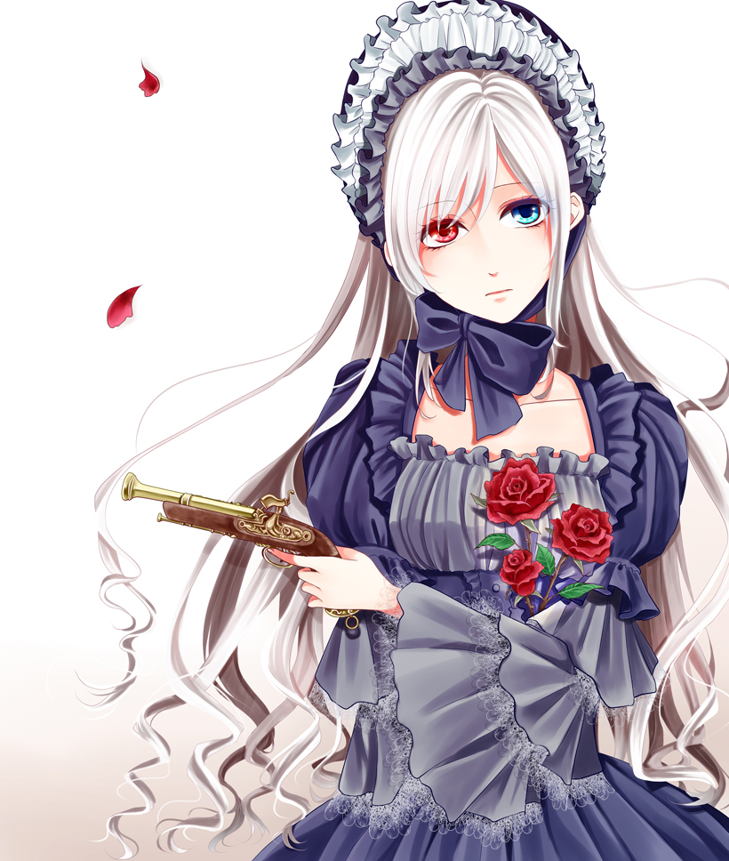 1girl, antique_firearm, blue_eyes, bow, dress, firearm, firelock, flower, frilled_dress, frills, gothic_lolita, gun, heterochromia, honata, lolita_fashion, long_hair, maid_headdress, original, petals, pistol, puffy_sleeves, red_eyes, rose, rose_petals, solo, weapon, white_hair