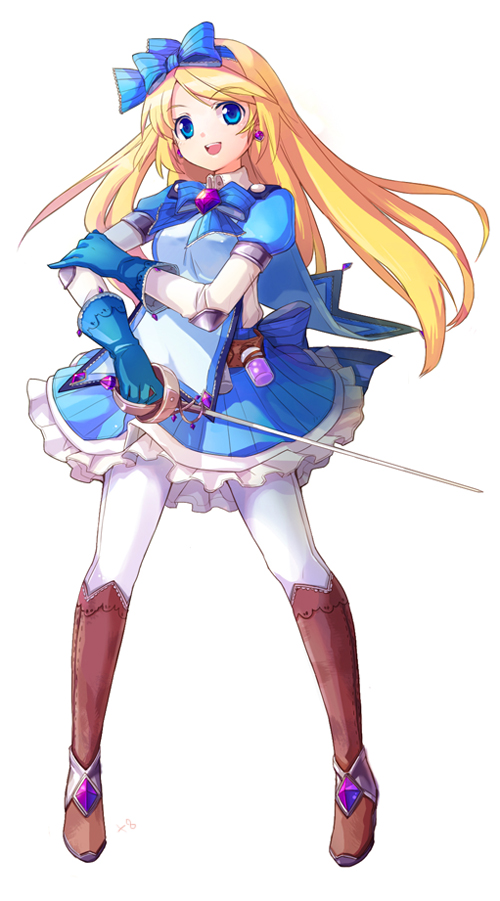 alice_in_wonderland, blonde_hair, blue_eyes, boots, bottle, bow, earrings, ei_(pakirapakira), fencer, gloves, hair_bow, jewelry, jin_young-in, knee_boots, knight, long_hair, pantyhose, potion, simple_background, skirt, solo, sword, weapon, white_legwear, white_pantyhose