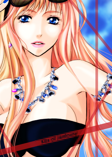 bad_id, bare_shoulders, blonde_hair, blue_eyes, breasts, cleavage, dcvermeer, earrings, jewelry, lowres, macross, macross_frontier, nail_polish, necklace, sheryl_nome