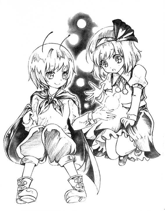 :o, antennae, blouse, cape, darkness, frilled_skirt, frills, hairband