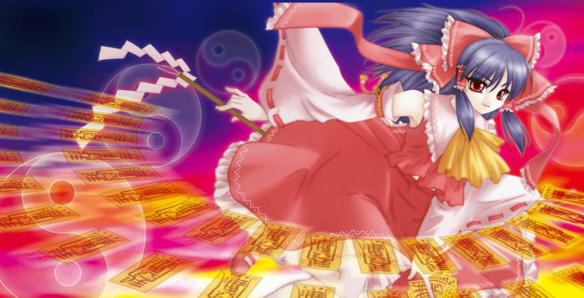 bow, detached_sleeves, gohei, hakurei_reimu, japanese_clothes, long_hair, miko, murasaki-san