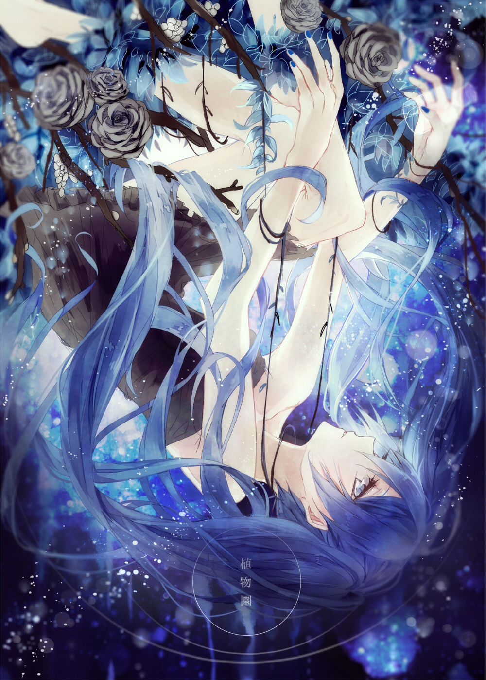 1girl, black_dress, black_rose, blue_eyes, blue_hair, bubble, dress, entangled, flower, hatsune_miku, highres, japu_(pu_san_love), long_hair, rose, solo, strapless_dress, underwater, upside-down, very_long_hair, vines, vocaloid