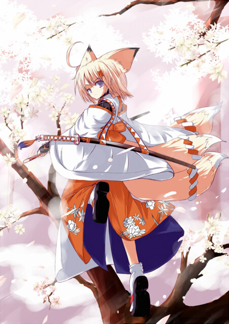 1girl, animal_ears, blonde_hair, branch, flower, fox_ears, fox_tail, horoyoi_kitsune