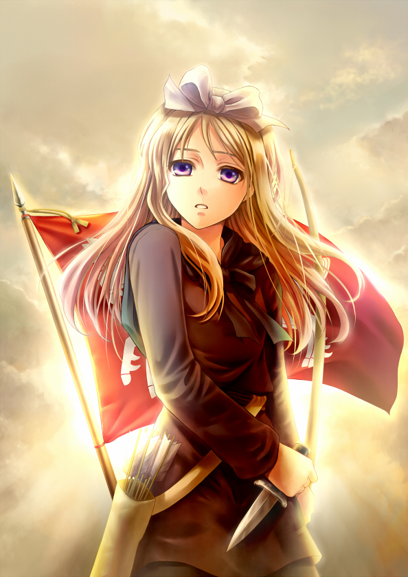 axis_powers_hetalia, bad_id, belarus_(hetalia), blonde_hair, bow, bow_(weapon), cloud, dagger, flag, hair_bow, hair_ribbon, knife, long_hair, medieval, purple_eyes, ribbon, sasano_shiki, sky, solo, sunlight, violet_eyes, weapon, white_russia