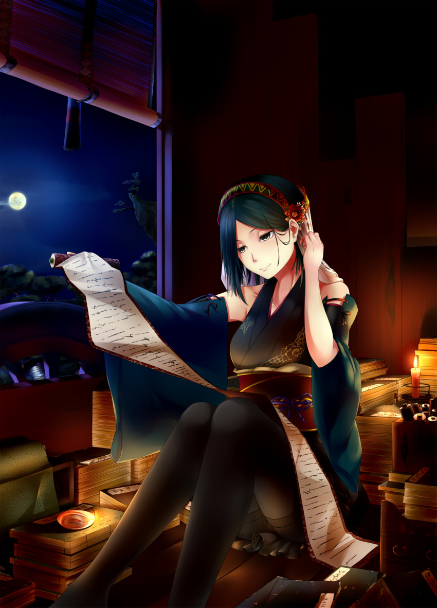 1girl, adjusting_hair, backlighting, bamboo_screen, bare_shoulders, black_hair, black_legwear, blinds