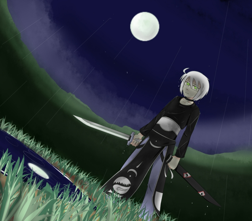ahoge, alternate_costume, collarbone, dutch_angle, full_moon, glasses, grass, kita_(higan)