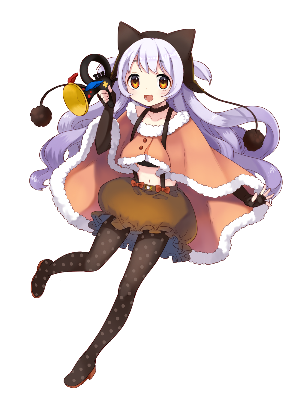 1girl, blush, brown_eyes, choker, elbow_gloves, fingerless_gloves, gloves, highres, himaya, lavender_hair, long_hair, looking_at_viewer, magical_girl, mahou_shoujo_madoka_magica, mahou_shoujo_madoka_magica_movie, momoe_nagisa, navel, open_mouth, pantyhose, polka_dot, polka_dot_legwear, simple_background, smile, solo, suspenders, twintails, two_side_up, white_background