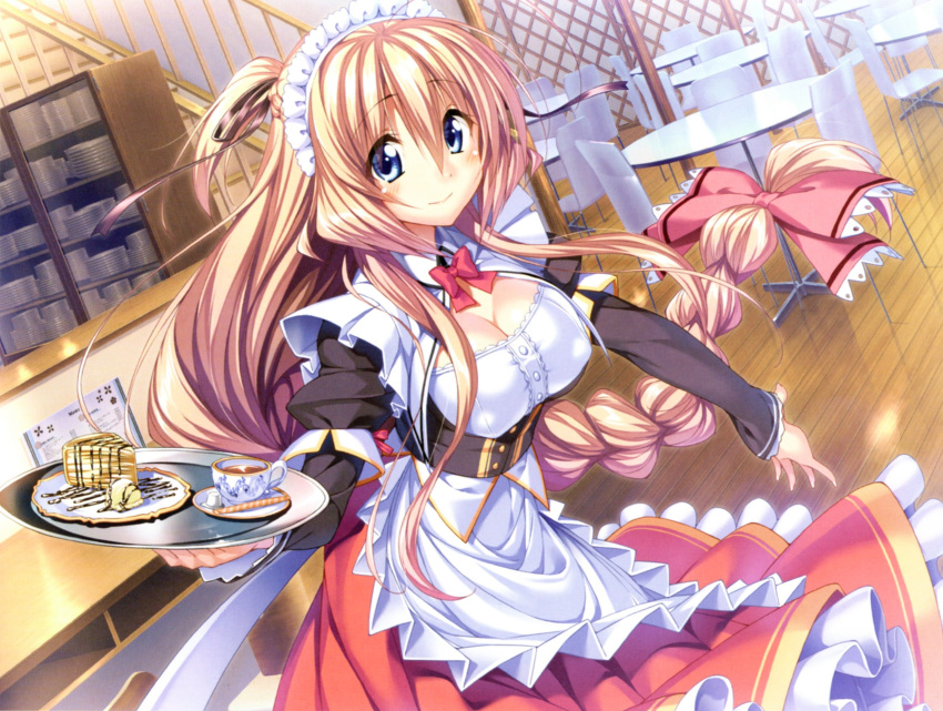 1girl, absurdres, aozora_stripe, apron, blonde_hair, blue_eyes, blush, braid