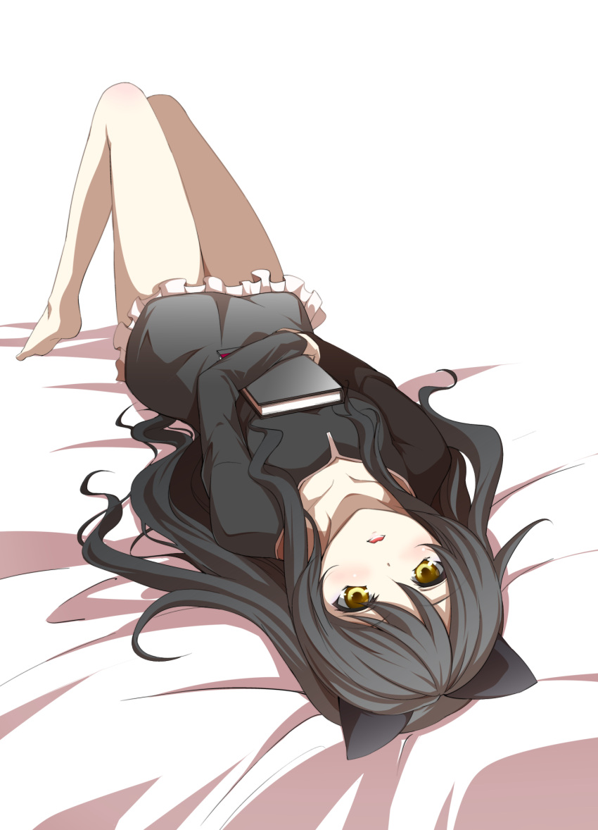 1girl, animal_ears, barefoot, bent_knees, black_dress, black_hair, blake_belladonna, blush
