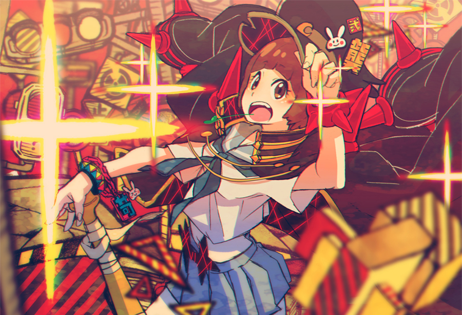 1girl, badge, banchou, baseball_bat, bracelet, brown_eyes, brown_hair, button_badge, coat_on_shoulders, hat, jewelry, kill_la_kill, mankanshoku_mako, nasaxxxx, open_mouth, school_uniform, serafuku, short_hair, skirt, solo
