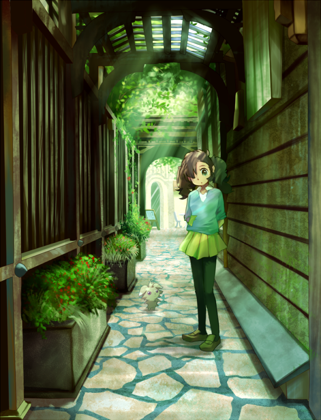 1girl, alley, arms_behind_back, black_legwear, braid, brown_hair, espurr, hair_over_one_eye
