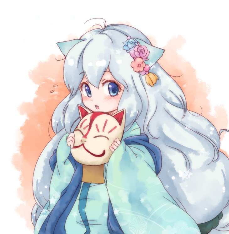 1girl, animal_ears, blue_eyes, blush, cromi_(shiki), flower, hair_flower, hair_ornament