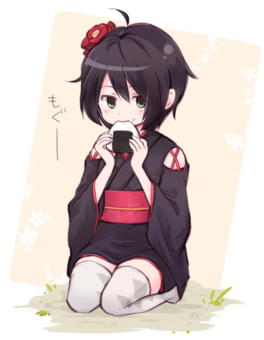 blush, cromi_(shiki), eating, flower, food, green_eyes, hair_flower, hair_ornament