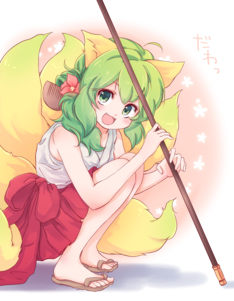 1girl, animal_ears, cromi_(shiki), fox_ears, fox_tail, green_eyes, green_hair, multiple_tails