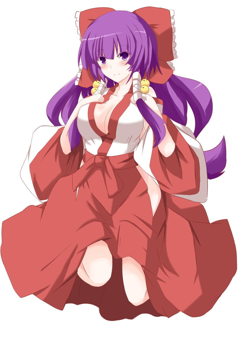 1girl, bare_shoulders, breasts, cleavage, hakurei_reimu, hakurei_reimu_(pc-98), highres, japanese_clothes
