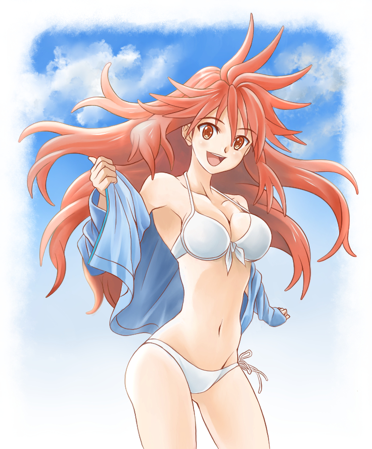 1girl, amou_kanade, bikini, blush, jacket, link_(aa30), long_hair, navel