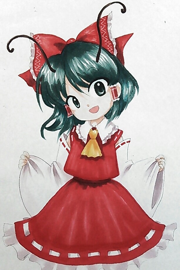 1girl, antennae, ascot, bow, detached_sleeves, green_hair, hair_bow, hair_tubes