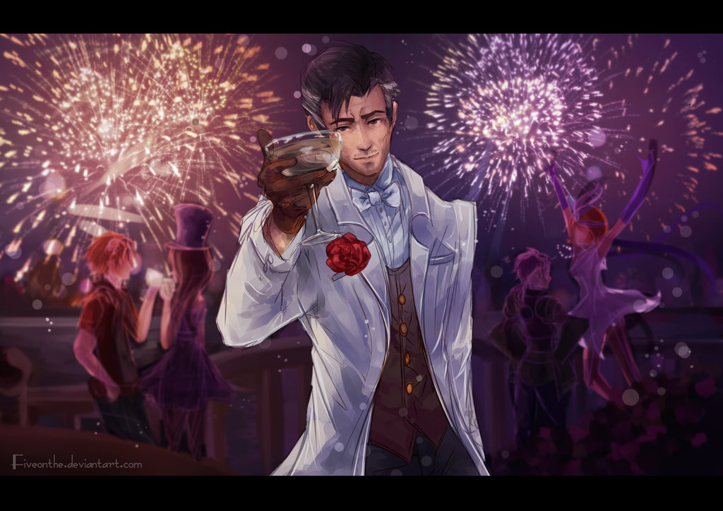 alcohol, alternate_costume, blonde_hair, caitlyn_(league_of_legends), champagne, champagne_glass, elbow_gloves, ezreal