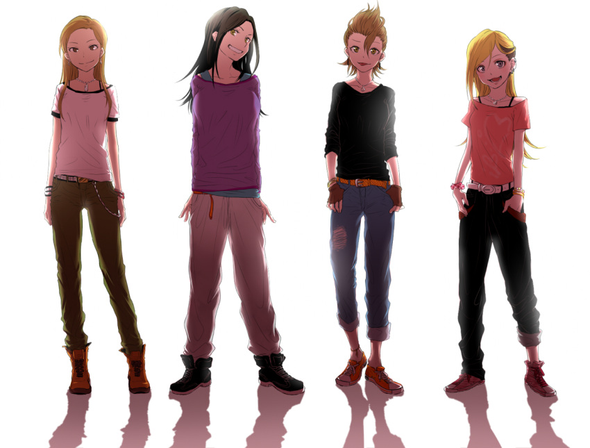 4girls, :d, black_hair, blonde_hair, blush, bracelet, breasts, brown_eyes