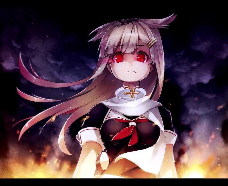 1girl, blonde_hair, blouse, bow, breasts, clouds, fire, hair_bow, hair_ornament, hair_ribbon, hairclip, kantai_collection, kazune_rain, long_hair, messy_hair, night, personification, red_eyes, ribbon, school_uniform, serafuku, short_sleeves, skirt, smoke, solo, straight_hair, yuudachi_(kantai_collection)