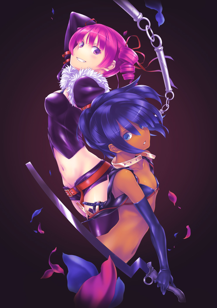 2girls, arm_up, bikini_top, black_legwear, blue_eyes, blue_hair, collar, dark_hunter