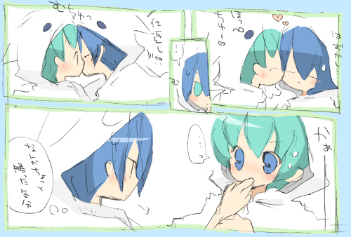 1boy, 1girl, blue_eyes, blue_hair, blush, comic, ghost, ghost_costume