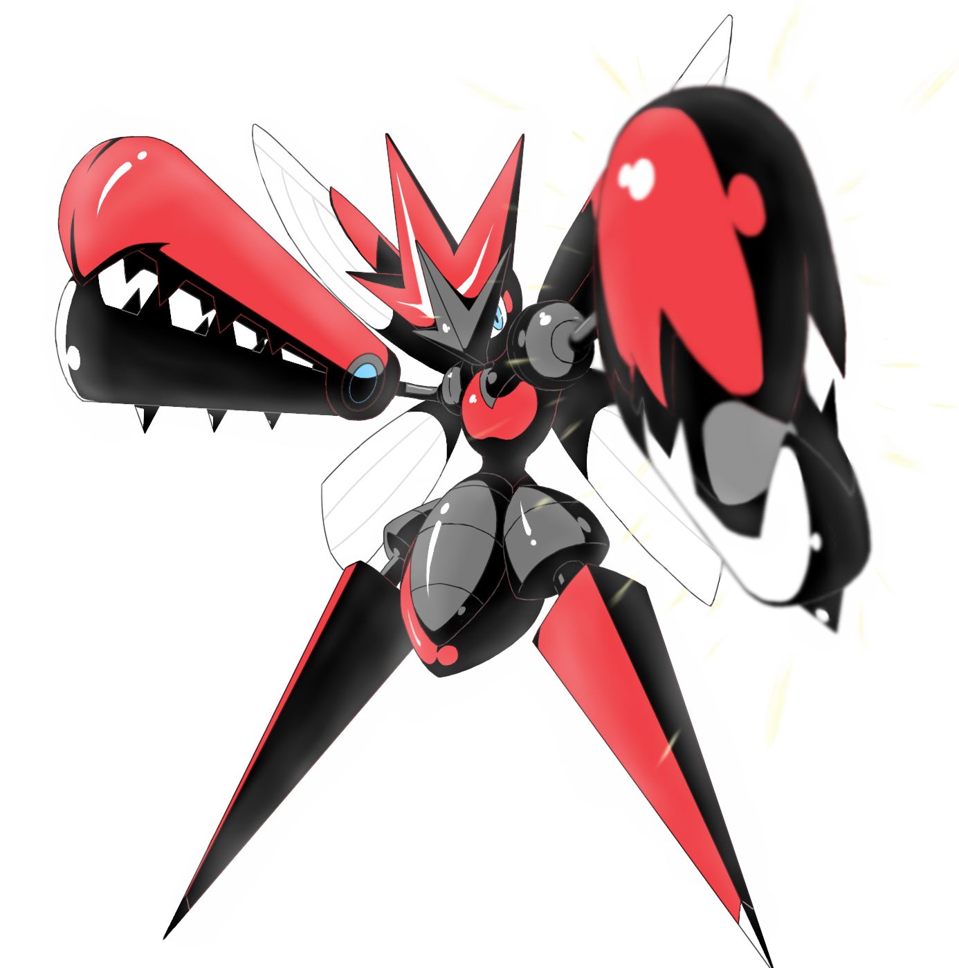 blue_eyes, claws, highres, horns, insect_wings, mega_pokemon, mega_scizor, multiple_wings, no_humans, pokemon, pokemon_(creature), pokemon_(game), pokemon_xy, scizor, solo, spikes, summersketch, wings