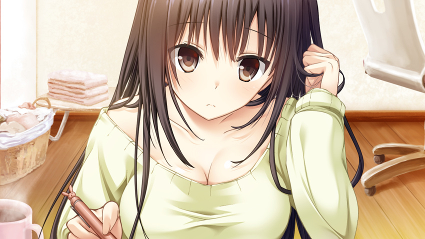 1girl, black_eyes, black_hair, blush, breasts, chair, cleavage, coffee