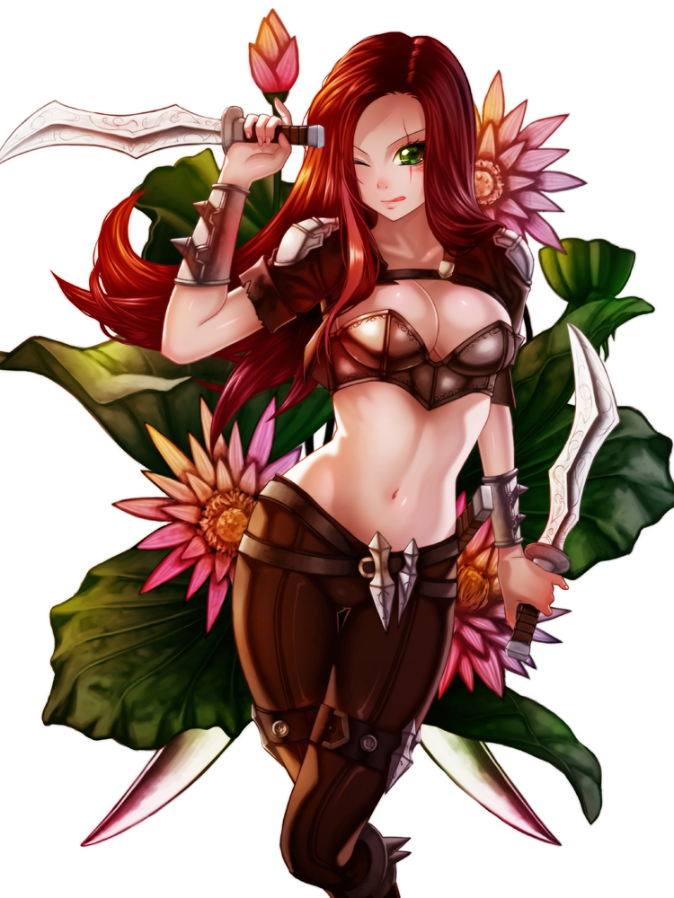 1girl, ;q, bandeau, breasts, brown_hair, dagger, dual_wielding, green_eyes