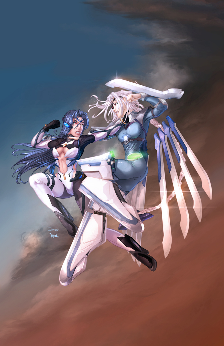 2girls, aerial_battle, arm_blade, battle, blazblue, blue_hair, bodysuit, breasts