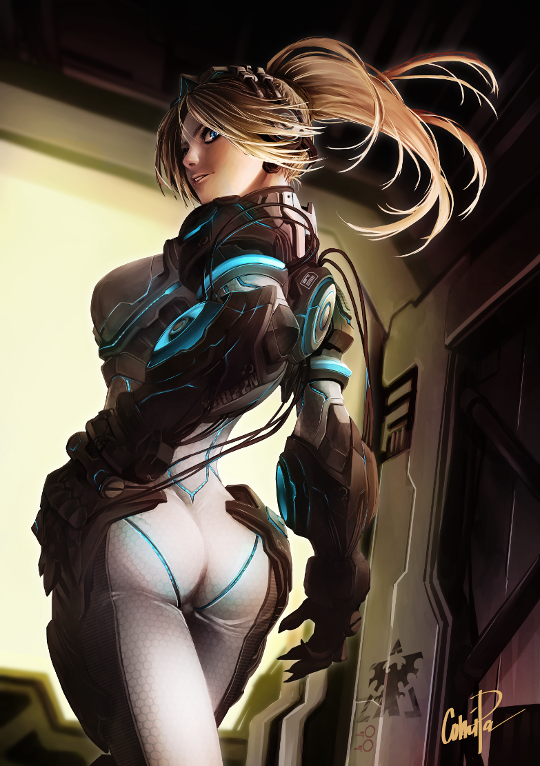 1girl, ass, blonde_hair, bodysuit, from_behind, goggles, goggles_on_head, hand_on_hip, neon_trim, nova_(starcraft), paolo_antonio_aguasin, solo, starcraft, terran, terran_ghost