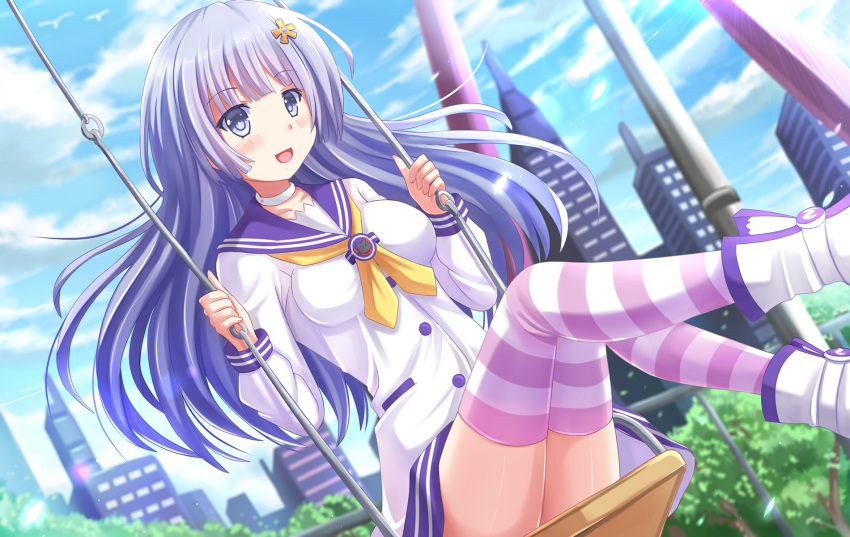 :d, breasts, choujigen_game_neptune, choujigen_game_neptune_mk2, cityscape, creator_connection, date_a_live, hair_ornament, hairpin, highres, izayoi_miku, kazenokaze, legs, nepgear_(cosplay), nichijou, open_mouth, pink_legwear, purple_hair, sakamoto_(nichijou), smile, striped, striped_legwear, swing_set, thigh-highs, violet_eyes