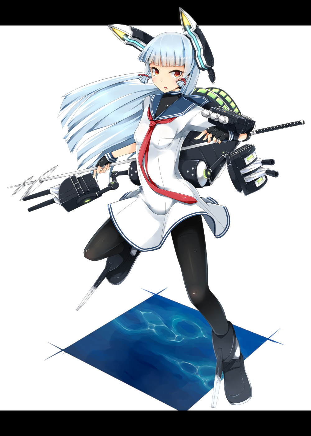 1girl, bangs, between_breasts, black_legwear, blunt_bangs, einz_zwei, fingerless_gloves, gloves