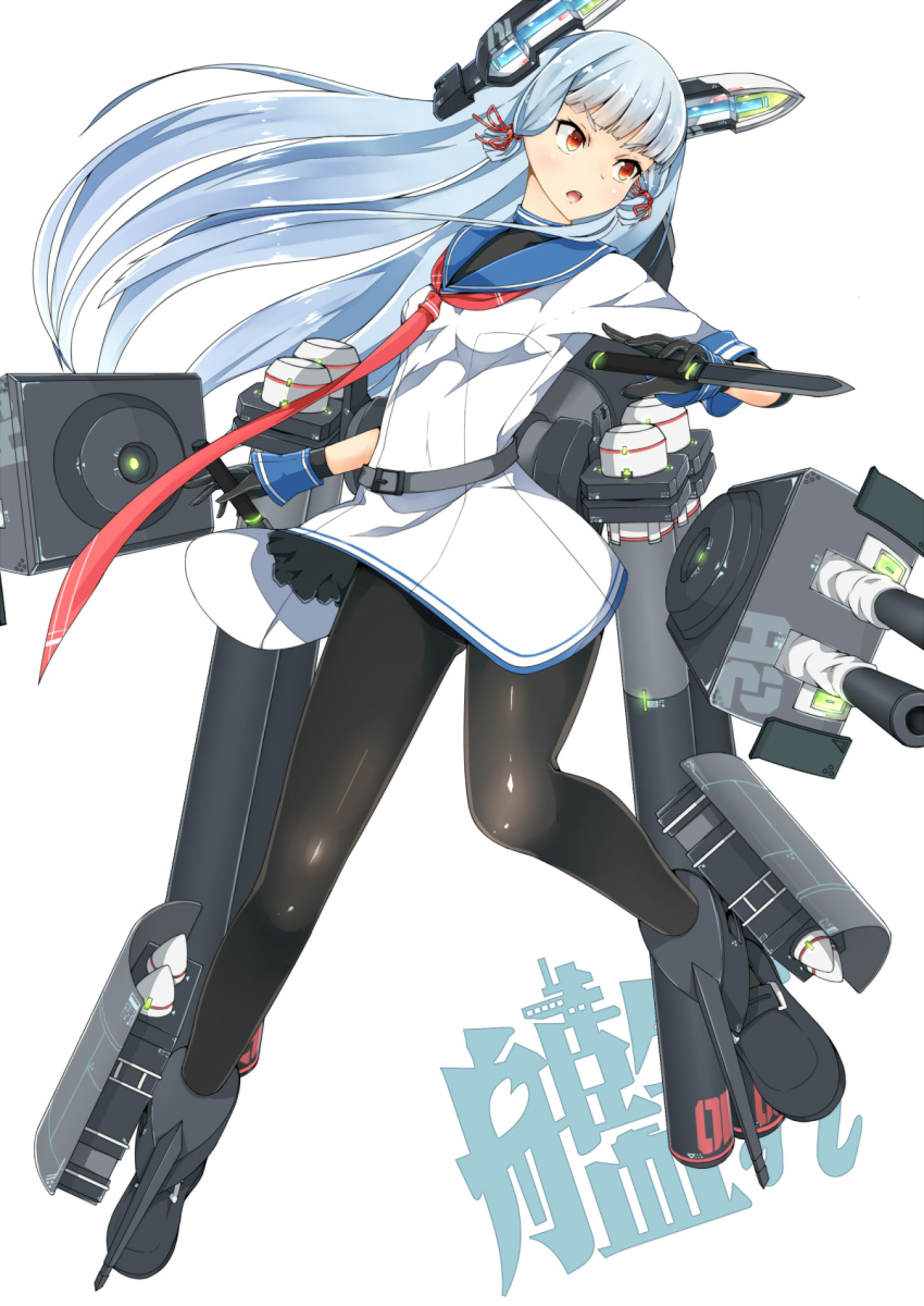 1girl, einz_zwei, gloves, hair_ribbon, highres, kantai_collection, knife, long_hair, murakumo_(kantai_collection), necktie, pantyhose, personification, red_eyes, ribbon, sailor_dress, school_uniform, serafuku, solo