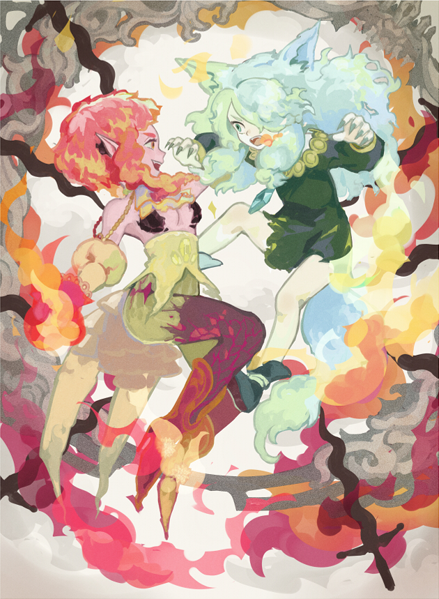 2girls, angry, animal_ears, aqua_hair, artist_request, blue_hair, claws, elementalist