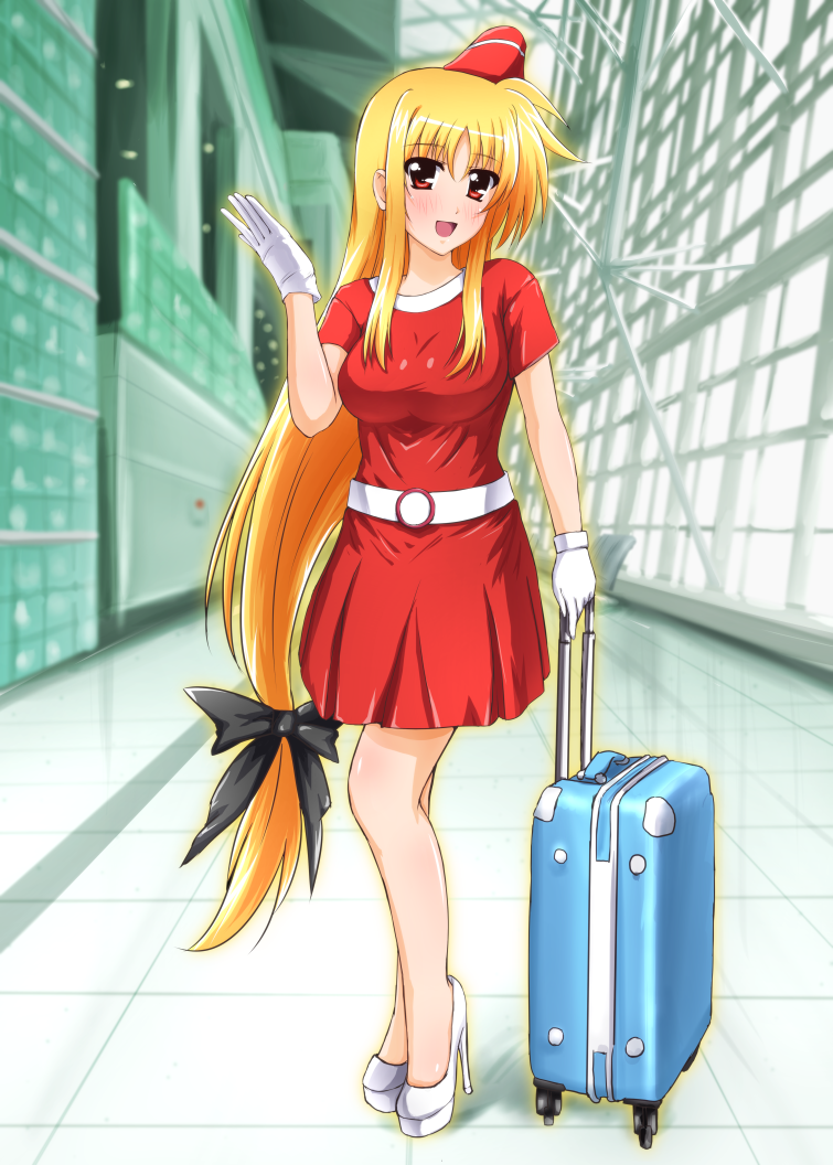 1girl, blonde_hair, diesel-turbo, fate_testarossa, flight_attendant, long_hair, lyrical_nanoha, mizuki_nana