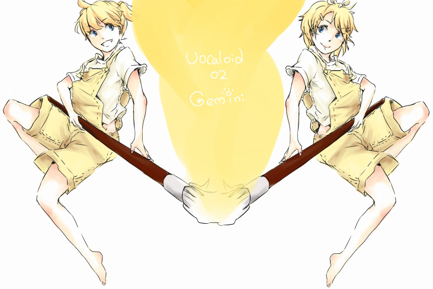 blonde_hair, brother_and_sister, gemini, gemini_(vocaloid), giant_brush, highres, kagamine_len, kagamine_rin