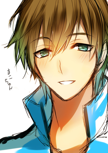 1boy, brown_hair, face, free!, green_eyes, male, nekoto_maruta, parted_lips, rough, simple_background, solo, tachibana_makoto, white_background