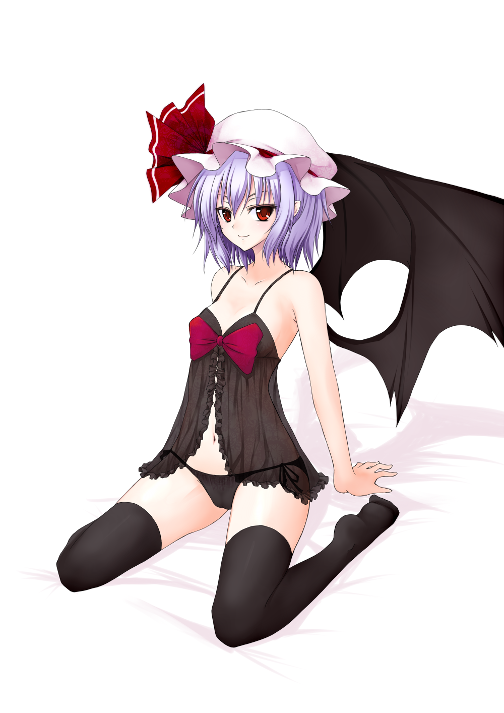 babydoll, bat_wings, black_panties, bow, hat, highres, lavender_hair, lingerie
